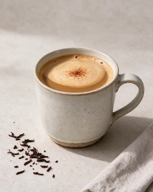 A speckled ceramic cup of hojicha latte with caramel foam sits beside loose tea leaves on a light countertop.