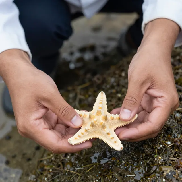 Close-up of a person's hands gently holding a small starfish above a rocky tide pool
