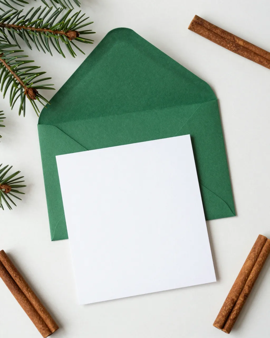 Blank white greeting card rests on an open dark green envelope, framed by pine sprigs and cinnamon sticks on a white