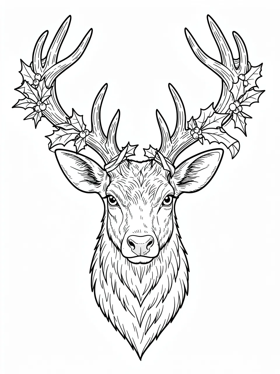 Black and white line art of a reindeer head with holly decorations on its antlers