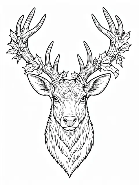 Black and white line art of a reindeer head with holly decorations on its antlers
