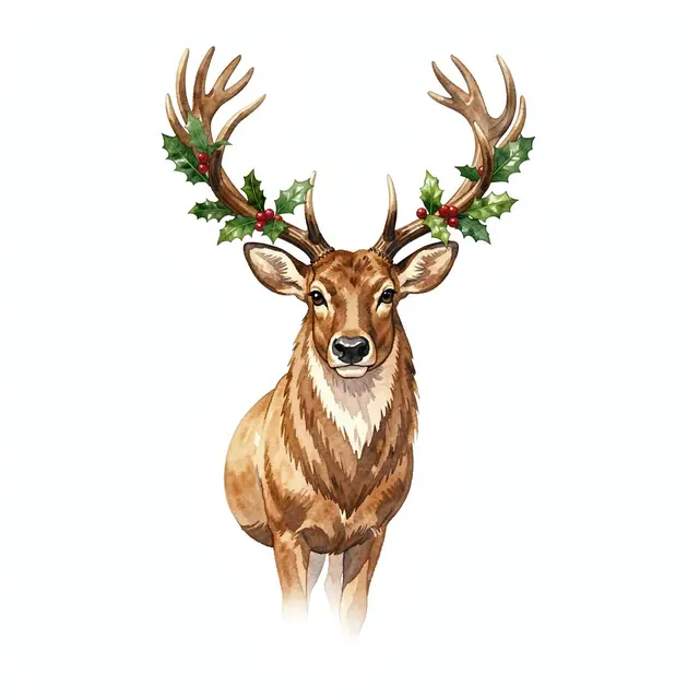 Watercolor illustration of a reindeer with holly sprigs tucked into its antlers on a plain white background