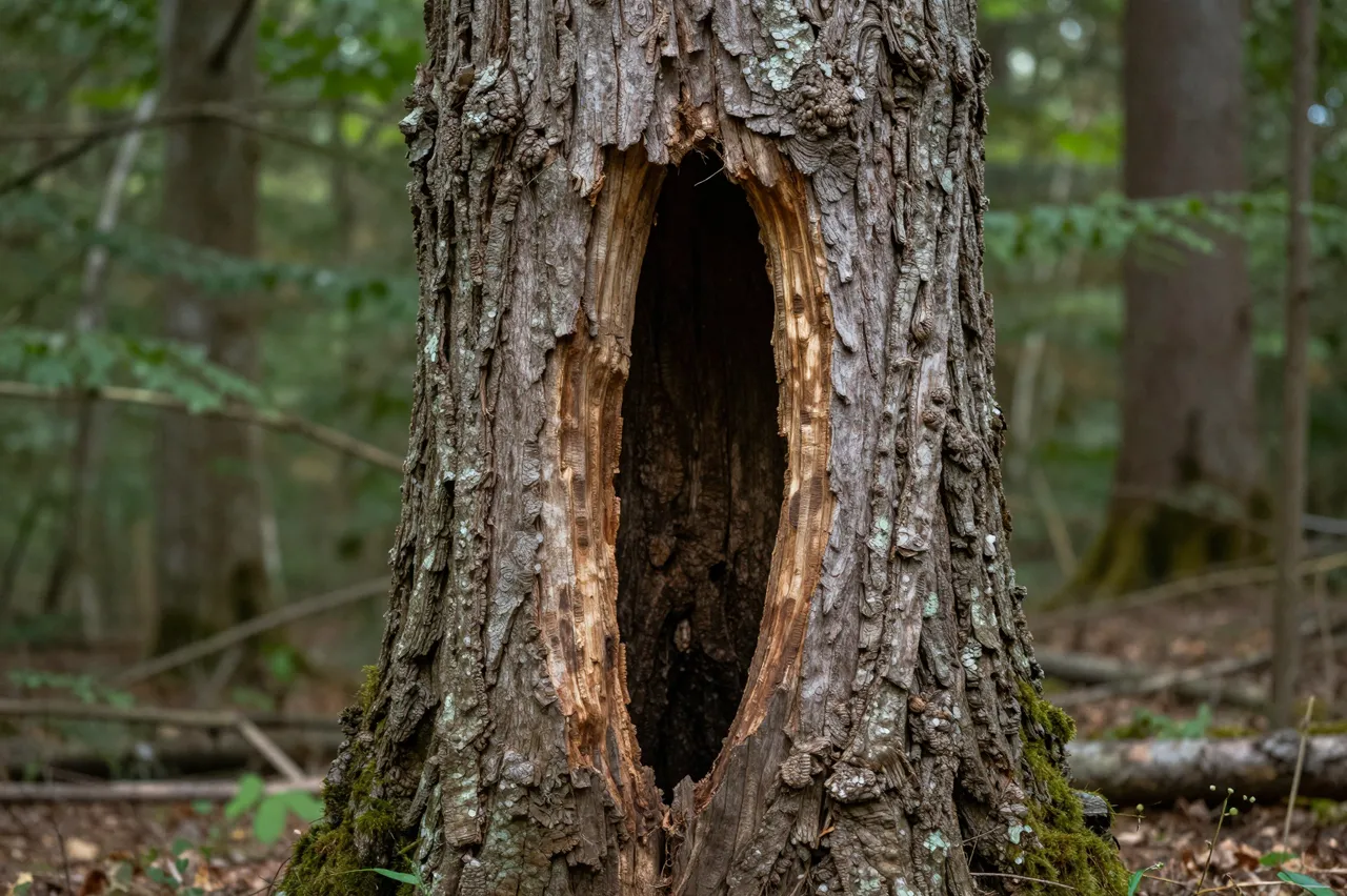 Close-up of a hollow weathered tree trunk standing in a quiet shaded forest