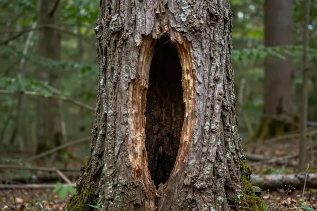 Close-up of a hollow weathered tree trunk standing in a quiet shaded forest