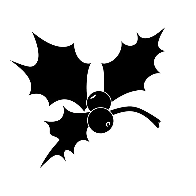 Solid black silhouette of a holly sprig with leaves and berries on a plain white background