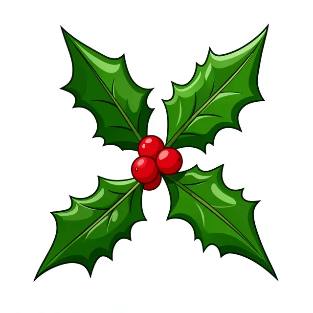 Flat cartoon illustration of a glossy holly sprig with green spiky leaves and red berries on a plain white background