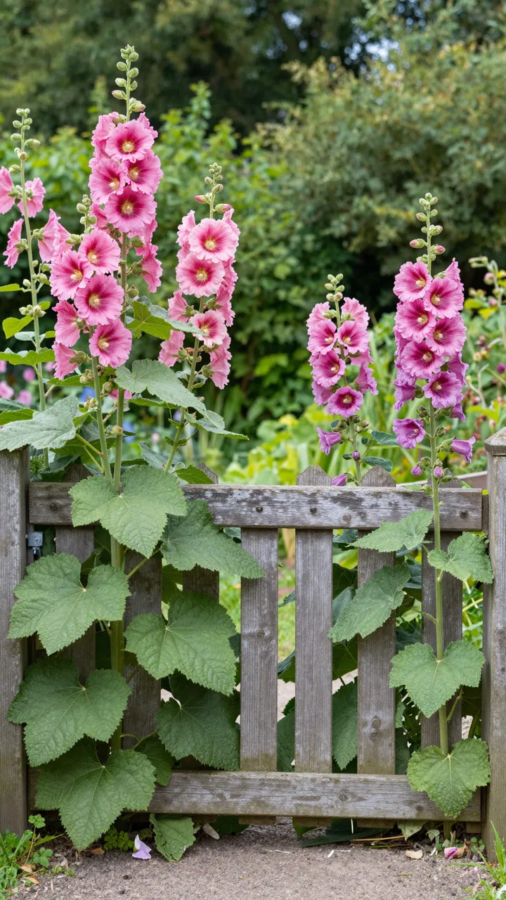 Tall pink hollyhock plants frame a weathered wooden cottage garden gate on a summer afternoon.