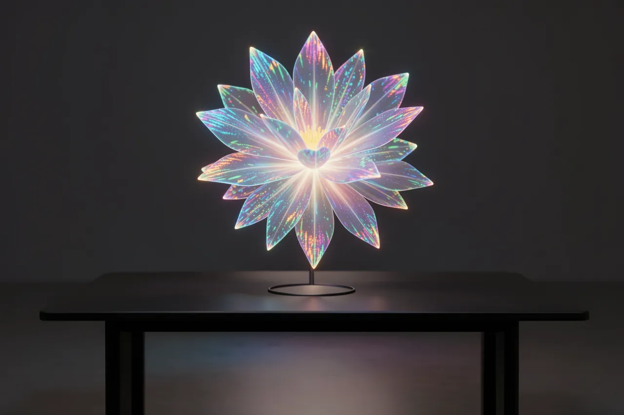 A glowing iridescent holographic flower of light rests above a dark table against a plain dark background