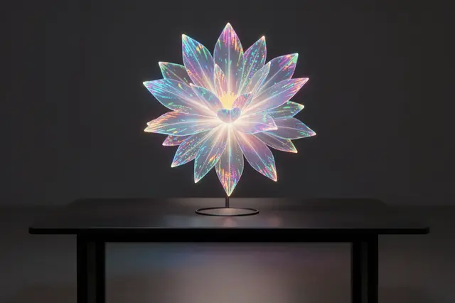 A glowing iridescent holographic flower of light rests above a dark table against a plain dark background