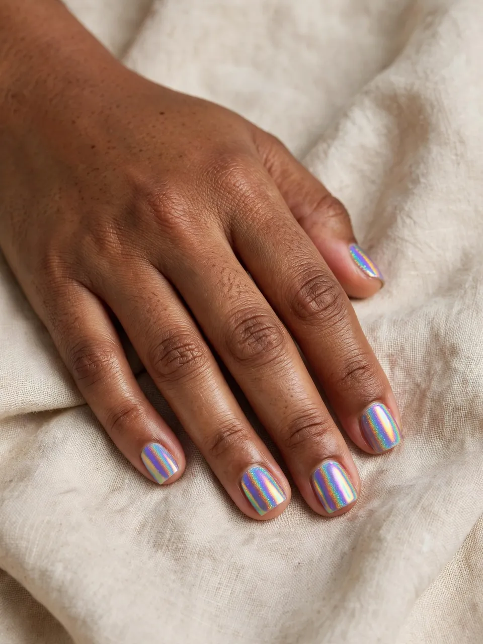 A hand with short square rainbow holographic nails rests on crumpled plain beige linen fabric.