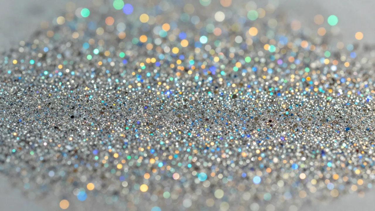 Close-up of dense silver holographic glitter with scattered out-of-focus rainbow bokeh sparkles