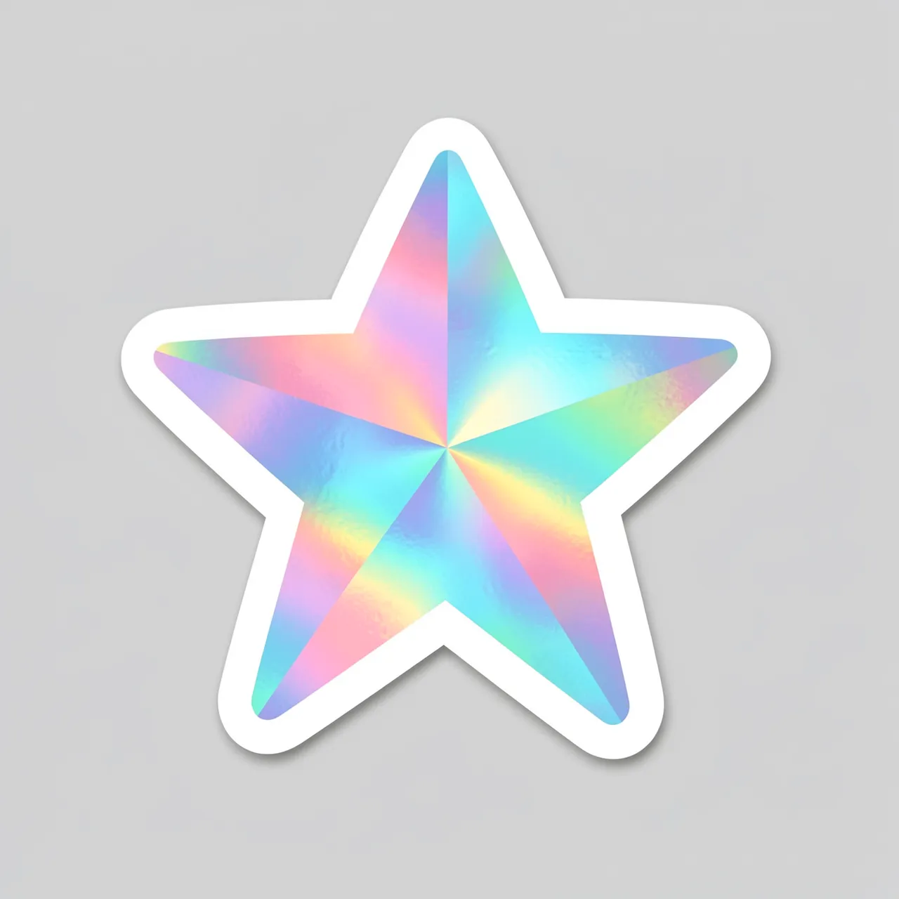 A die-cut holographic iridescent star sticker with a thick white border sits on a plain light gray background