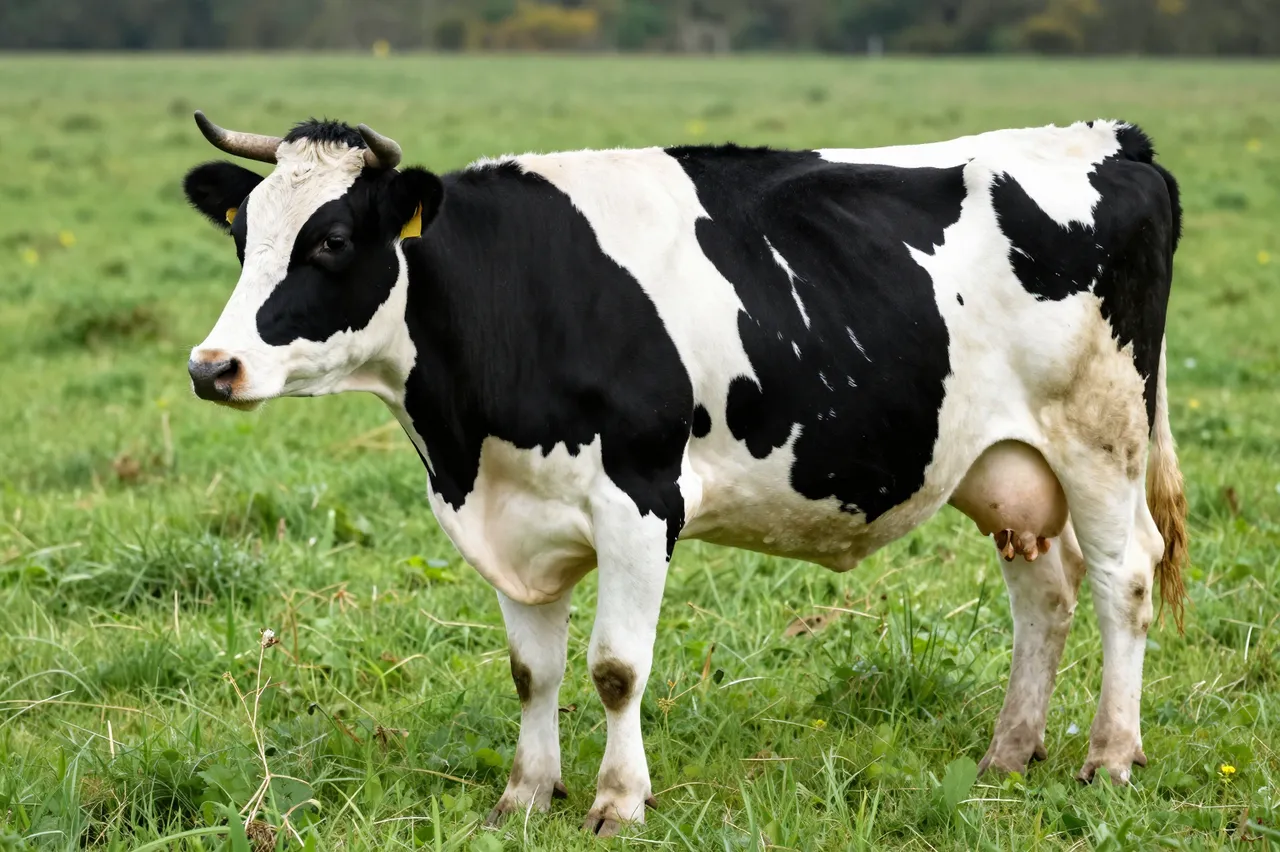 A black and white Holstein cow stands still in a lush green grassy pasture.