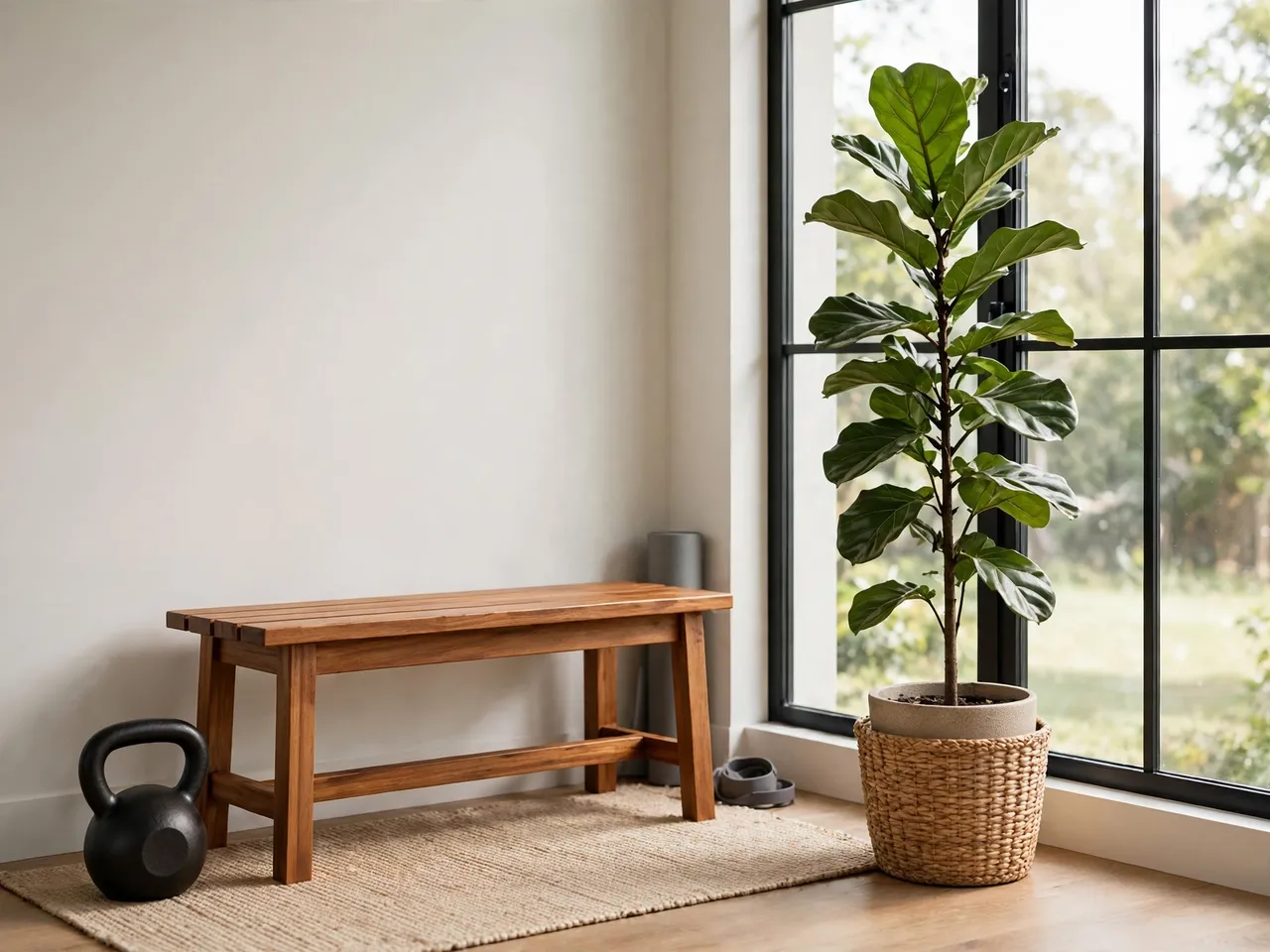 A quiet home gym nook with a wooden bench, black kettlebell, and fiddle leaf fig next to a large grid window