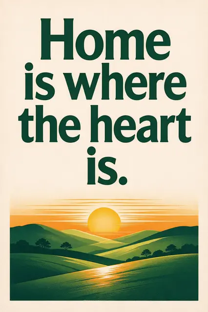 Vintage travel poster design with the quote "Home is where the heart is." above a sunrise over rolling green hills