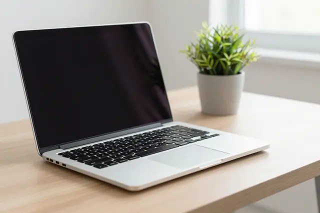 An open unbranded silver laptop sits on a light wood desk next to a potted houseplant near a bright window.