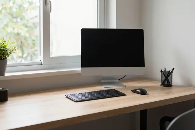 A tidy wooden home office desk with a computer sits facing a bright residential window.