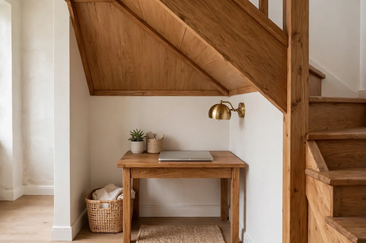 Minimalist home office nook sits beneath a wooden staircase with an oak desk and wall lamp