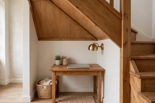 Minimalist home office nook sits beneath a wooden staircase with an oak desk and wall lamp