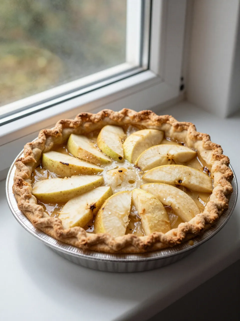 A freshly baked apple pie cools in a foil pan on a bright white windowsill next to a window with blurred outdoor foliage.