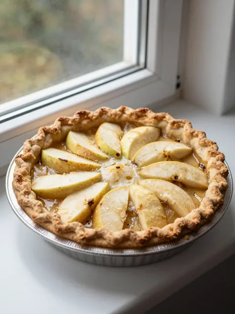 A freshly baked apple pie cools in a foil pan on a bright white windowsill next to a window with blurred outdoor foliage.