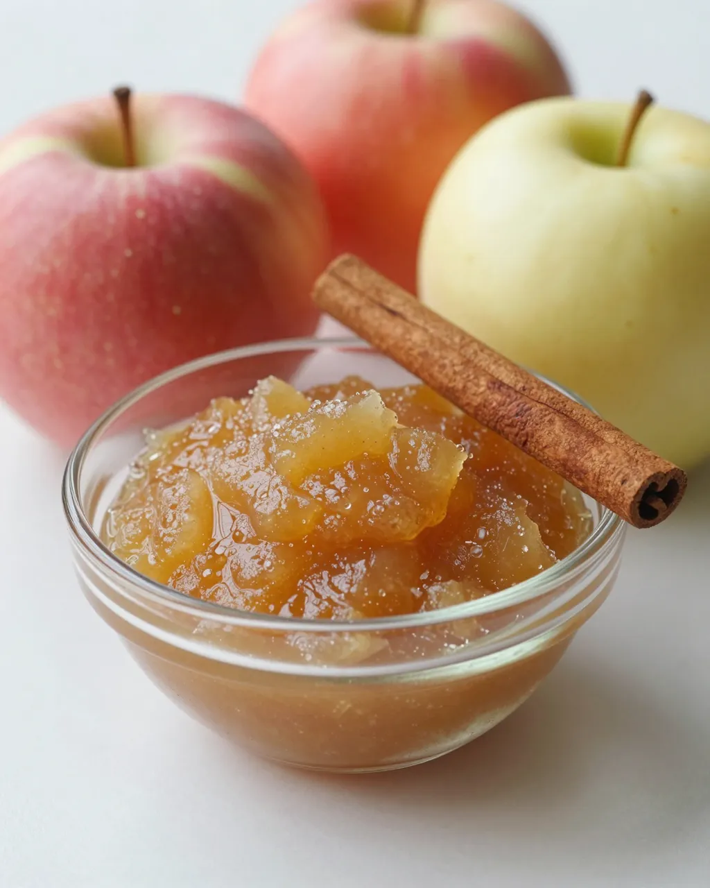 A small glass bowl of chunky applesauce topped with a cinnamon stick sits in front of whole fresh apples.
