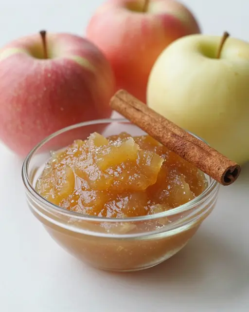 A small glass bowl of chunky applesauce topped with a cinnamon stick sits in front of whole fresh apples.