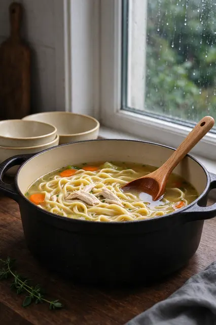 Black cast iron pot of chicken noodle soup next to a rainy window with stacked cream bowls in the background