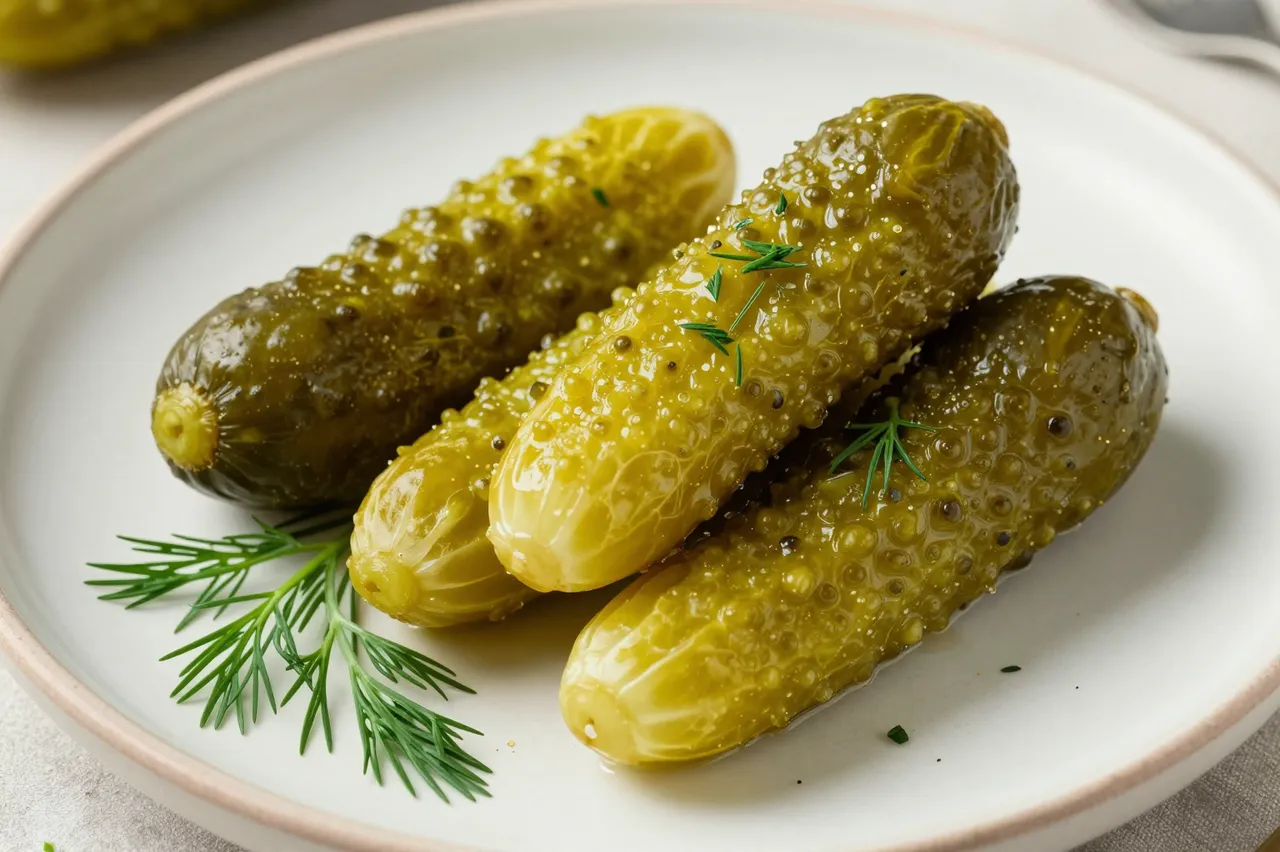 Pickled dill pickle spears garnished with fresh dill sit on a pale ceramic plate.