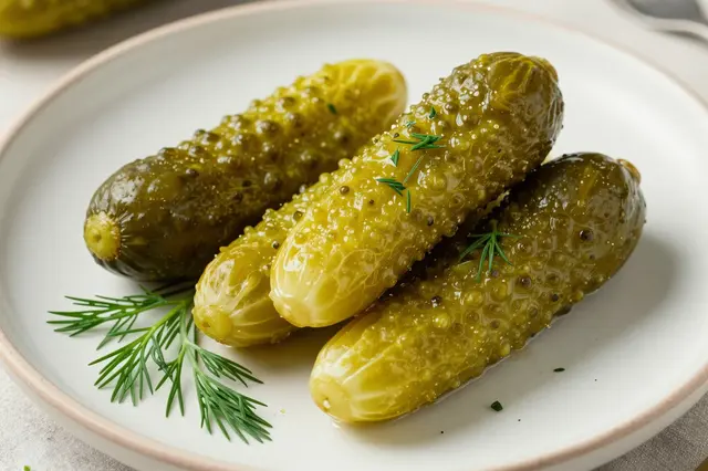Pickled dill pickle spears garnished with fresh dill sit on a pale ceramic plate.