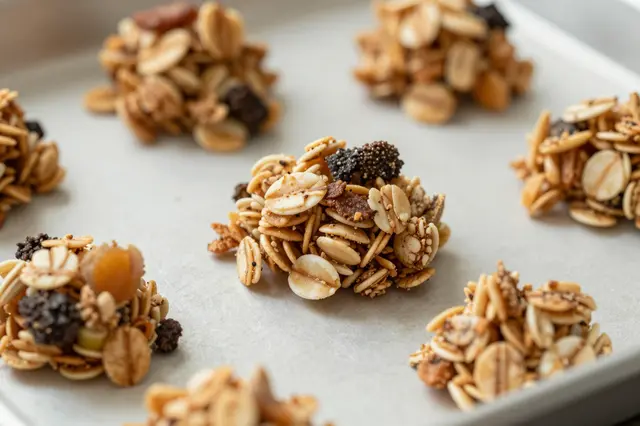 Golden homemade granola clusters arranged on a parchment lined baking sheet with a shallow depth of field.