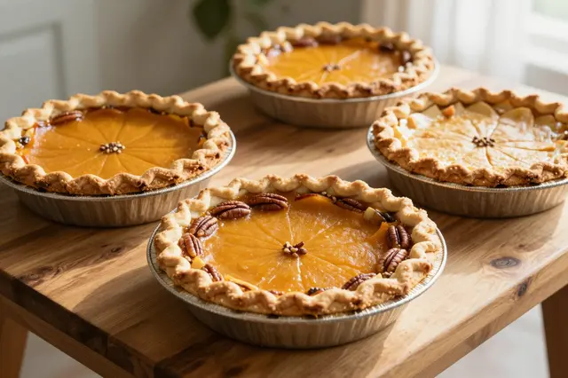 Four assorted homemade pies in foil tins rest on a wooden table in warm afternoon light