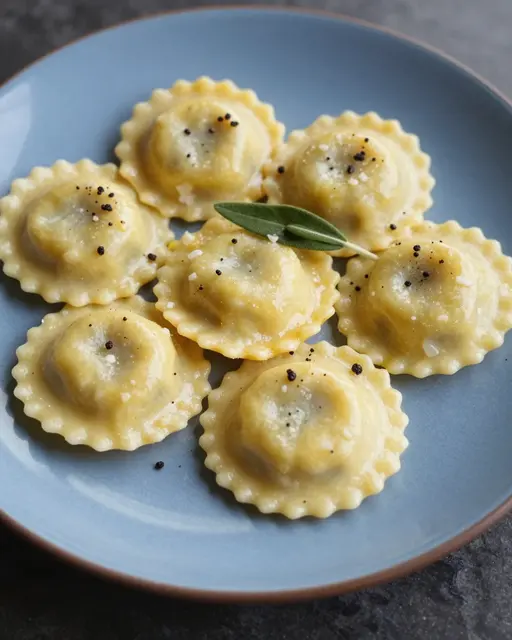 Plated homemade ravioli topped with sage, pepper and cheese sits on a light blue plate