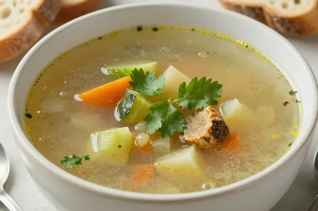 A bowl of vegetable soup garnished with parsley, set next to slices of crusty bread