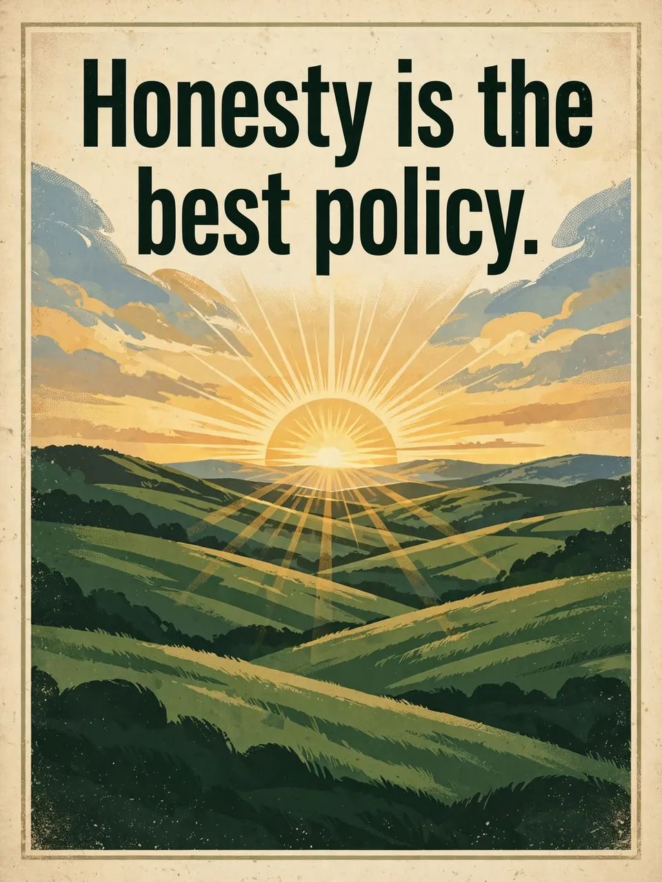 Vintage travel poster print featuring the quote "Honesty is the best policy." above a sunrise over rolling green hills.