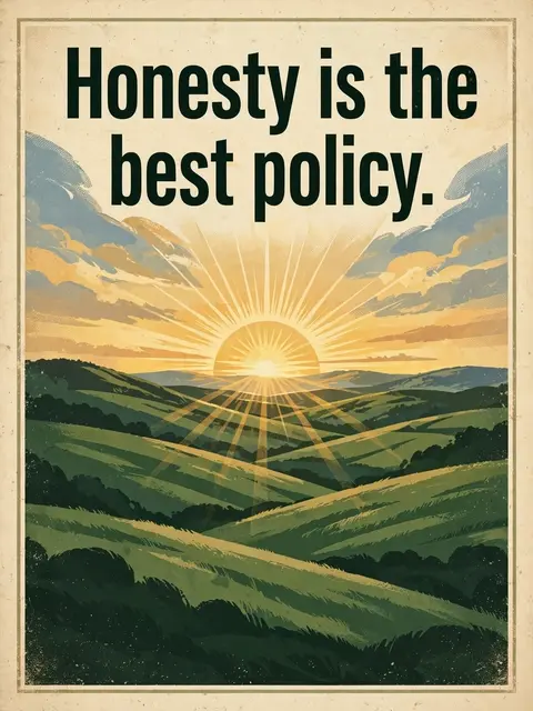 Vintage travel poster print featuring the quote "Honesty is the best policy." above a sunrise over rolling green hills.