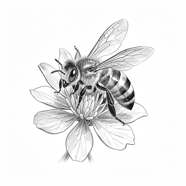 Fine graphite pencil sketch of a honey bee resting on a clover-like flower against plain white paper