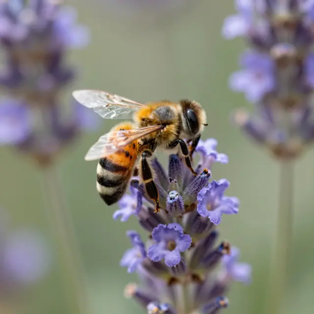 Close-up macro shot of a honey bee collecting nectar from a purple lavender flower spike