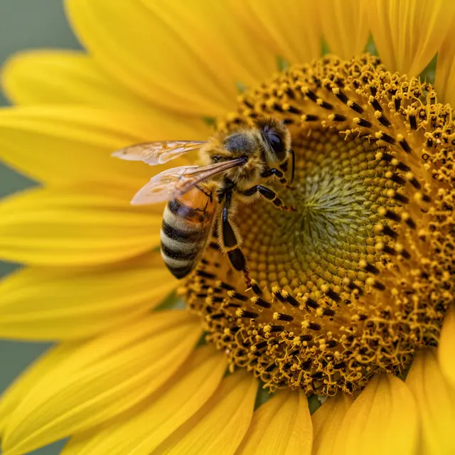 A close-up macro view of a honey bee collecting pollen from the center of a bright yellow sunflower.