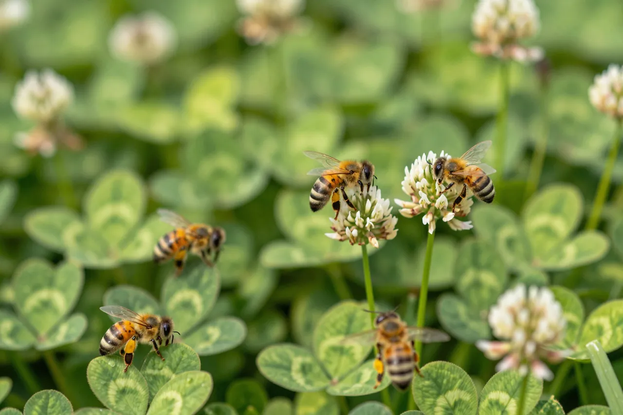 Close-up of honey bees resting and feeding on white clover blooms in sunlit green meadow foliage