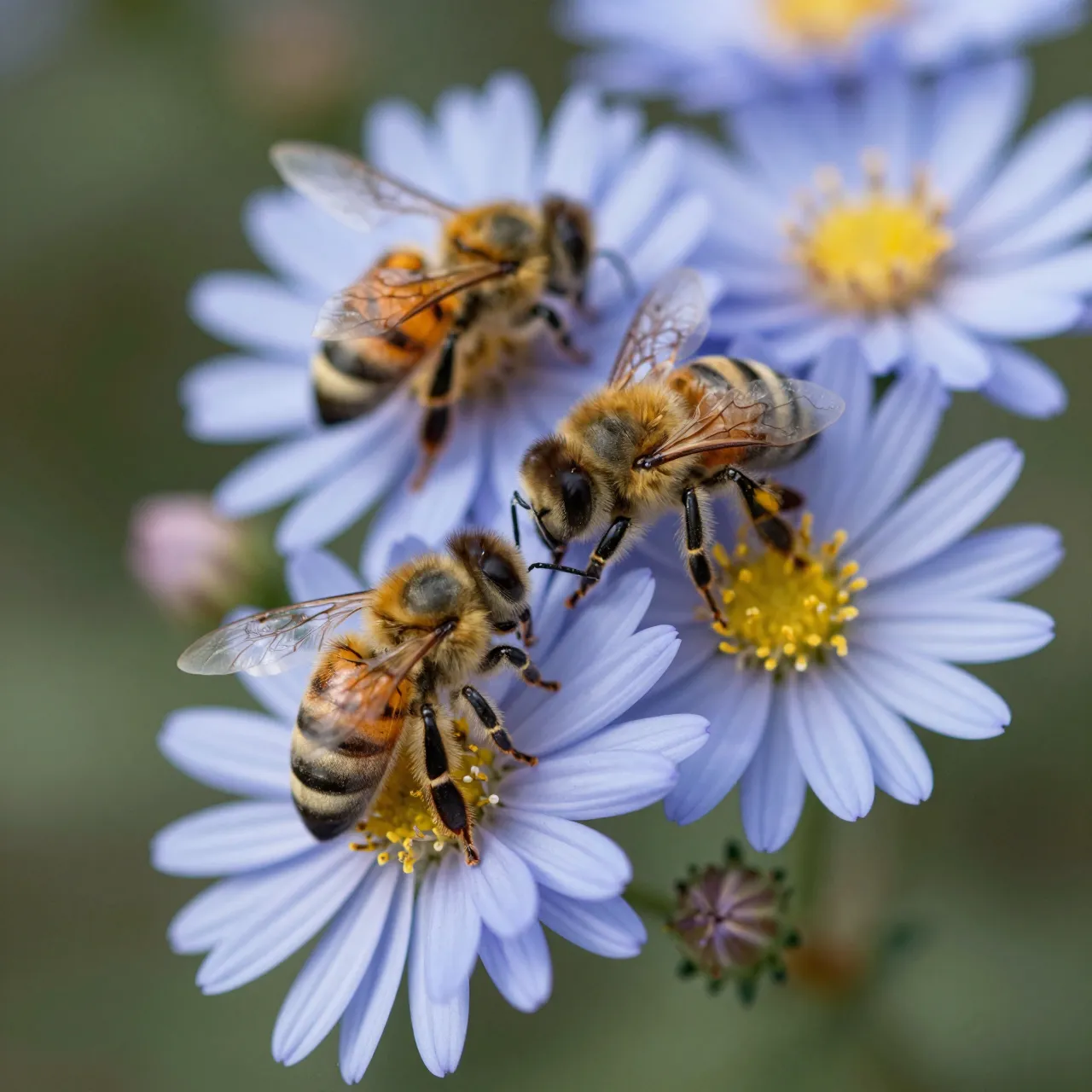 Three honey bees rest on pale blue aster flowers with blurred green foliage in the background.