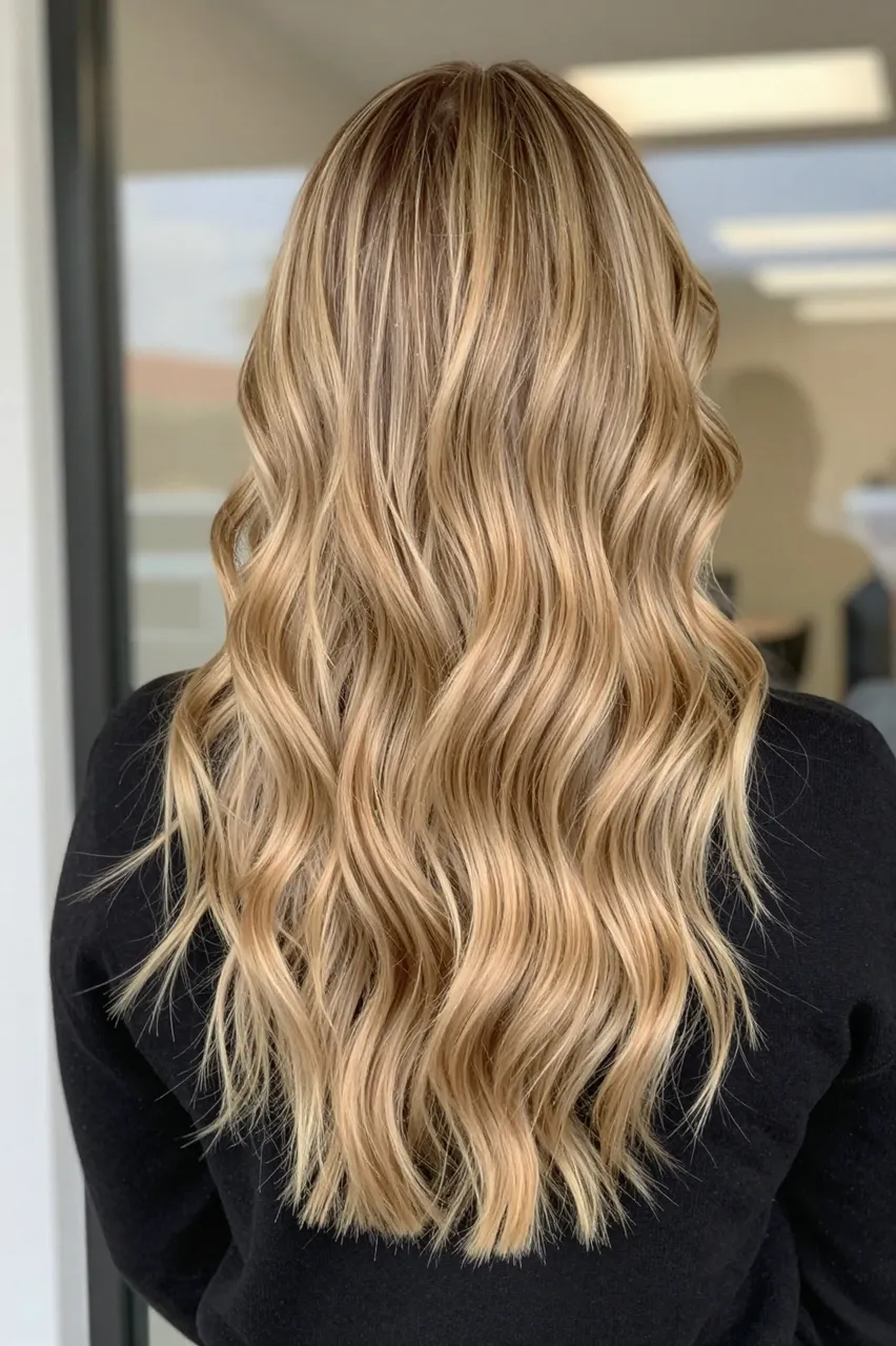 Back view of a woman showing long honey blonde balayage loose waves in warm salon lighting
