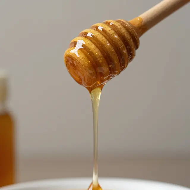 Thick golden honey drips from the head of a ridged wooden honey dipper above a white dish.
