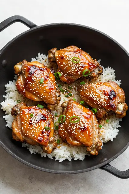 Overhead view of glazed honey garlic chicken thighs over rice in a black cast iron skillet