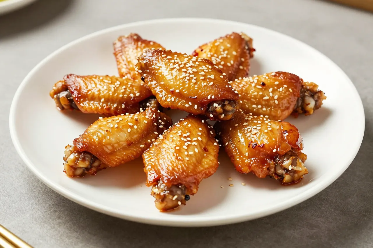 Glossy honey garlic chicken wings sprinkled with sesame seeds arranged on a white ceramic plate