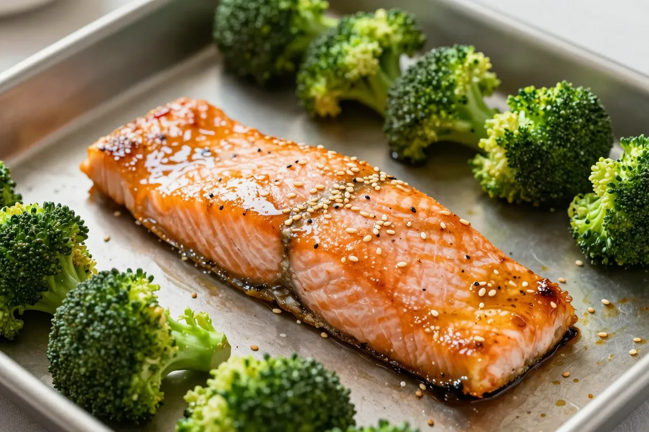 Glazed salmon fillet with sesame seeds arranged with broccoli florets on a metal baking sheet