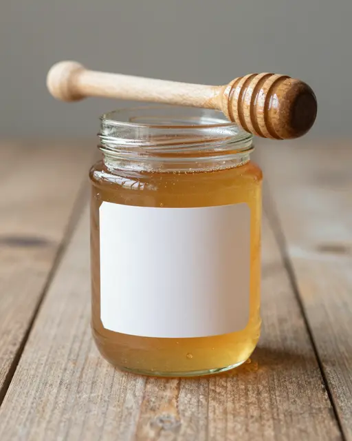 Unlabeled glass jar of honey with a wooden dipper resting on its rim on a rustic wooden table