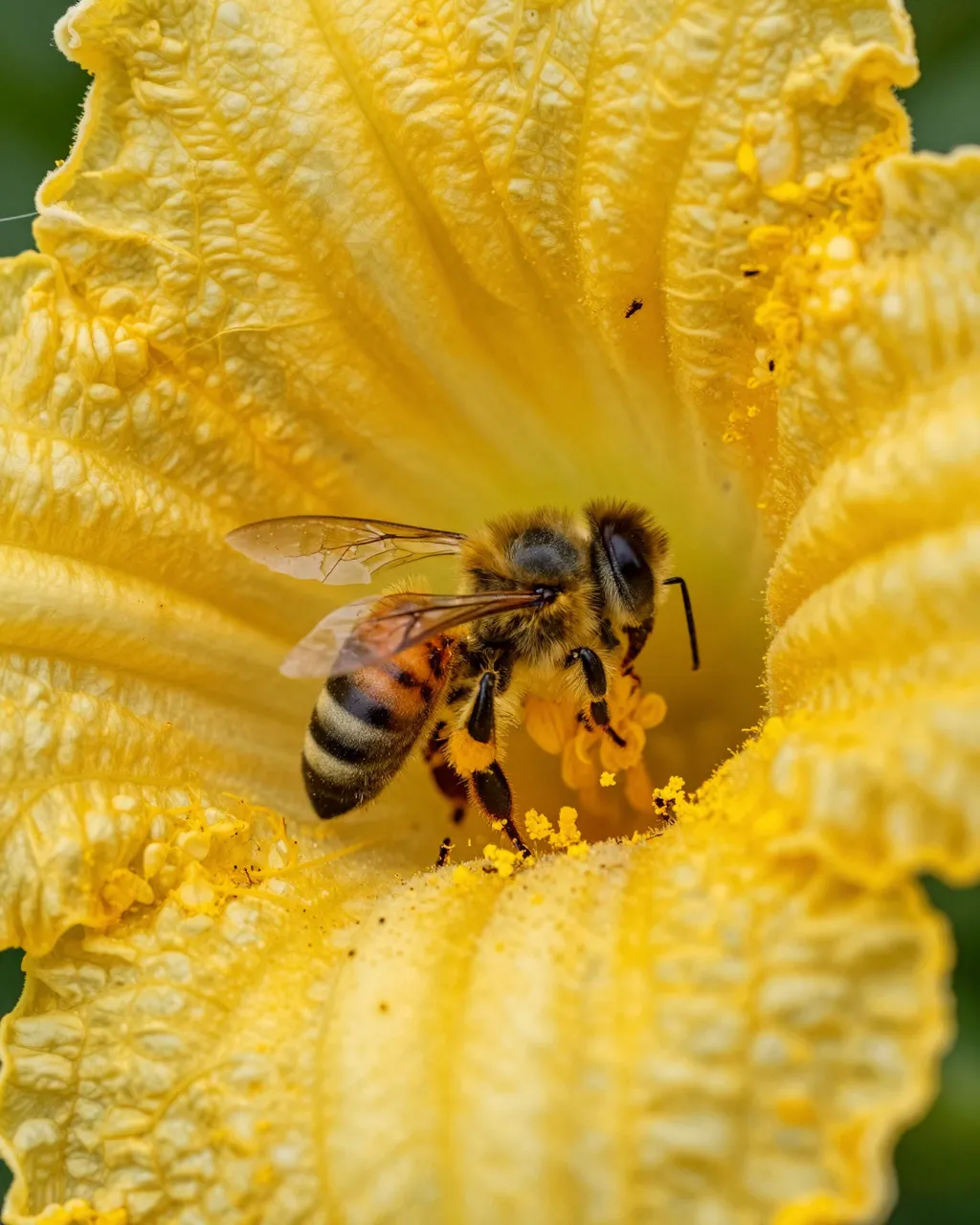 A close-up macro view of a pollen-dusted honeybee resting inside a bright yellow squash blossom.
