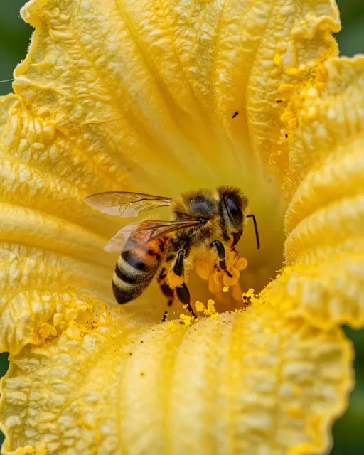 A close-up macro view of a pollen-dusted honeybee resting inside a bright yellow squash blossom.