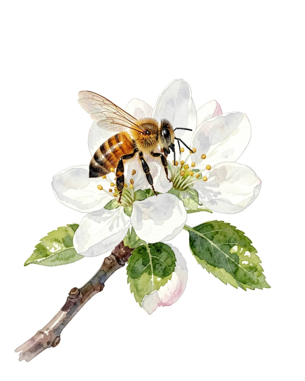 Watercolor illustration of a honeybee resting on white apple blossom against plain white paper